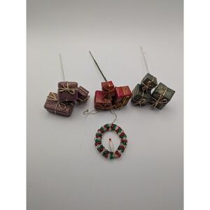 3‎ Vtg Miniature Christmas Gift Box Picks Wreath Candle Ornament